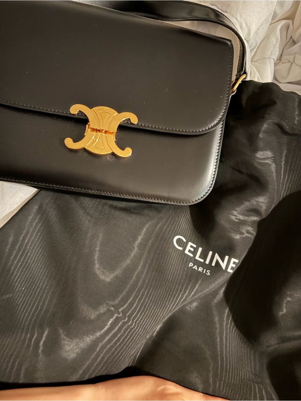 Celine Black Leather Shoulder Bag with Gold Triomphe Clasp